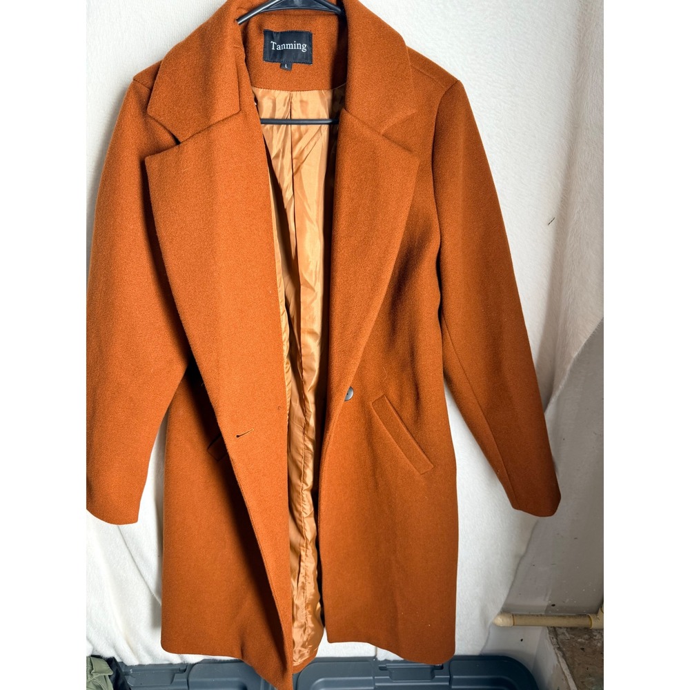 Tanming Women Burnt Orange Notched Lapel Wool Blend Mid-Length Pea Coat Large